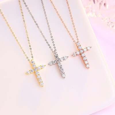 #ad 2.5 5mm Real Moissanite Cross Pendant Women Men 925 Silver Necklace Plated Gold $80.80