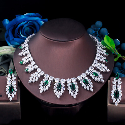 #ad Women Silver Plated Zircon Leaf Tassel Big Necklace Earrings Wedding Jewelry Set $44.60