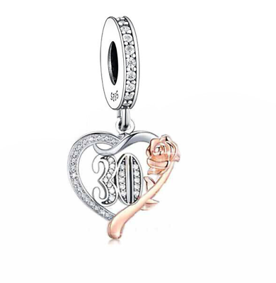 #ad Sterling Silver 925 30 30th Thirty Rose Gold Love You Heart Birthday Charm Bead GBP 16.99
