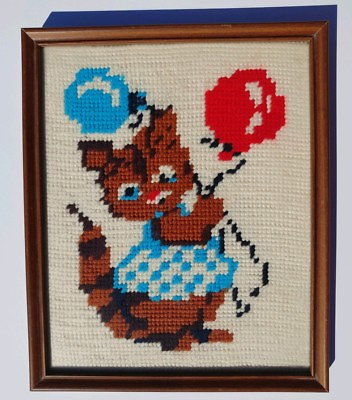 #ad Vintage Brown Black Tabby Cat with Balloons Framed Glass Needlepoint Kitty $33.99