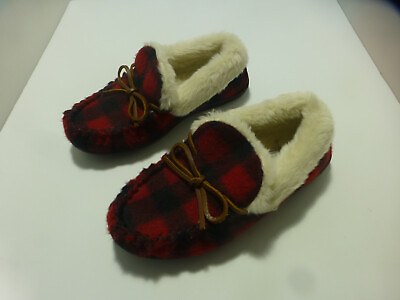 #ad Womens Bass red black moccasin style checked slippers size 6 biege fauz lining $14.99