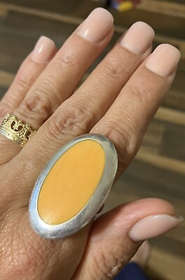 #ad Vintage Canary Yellow Oval Agate Sterling Silver Ring Sz 7.5 $49.00