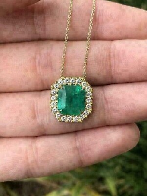#ad 4Ct Asscher Cut Green Emerald Halo Women#x27;s Pendant Necklace 14k Yellow Gold Over $21.00