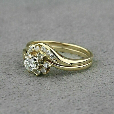 #ad 2Ct 14K Yellow Gold Plated Round Cut Lab Created Diamond Wedding Bridal Ring Set $150.49