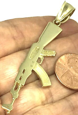 #ad GOLd Gun Pendant Ak47 Rifle Machine weapon 10k yellow solid Necklace 2.80quot; $224.00