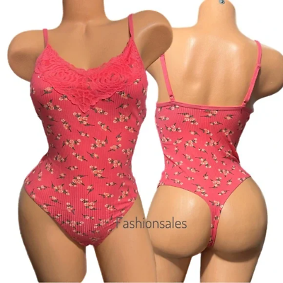 #ad Victorias Secret PINK Ribbed Soft Sleeveless Bodysuit Top Coral Floral Small $21.74