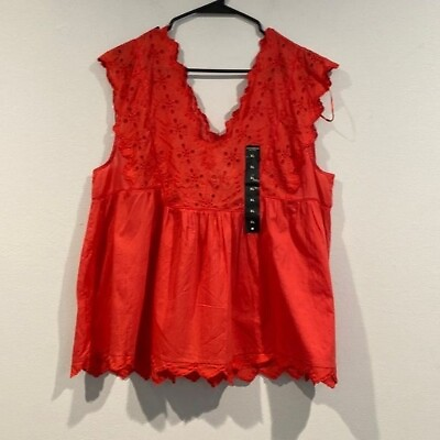 #ad Lucky Brand Red Lace V Neck Babydoll Blouse Size Extra Large XL $29.00
