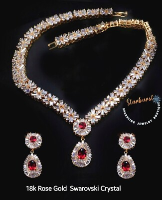 #ad 18k Rose Gold Lovely Red 4p Jewelry Set Swarovski Crystal Prism Baguette $125.00