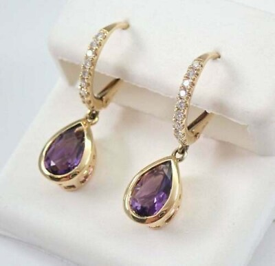 #ad 14K Yellow Gold Finish Lady Earrings 1.20Ct Lab Created Pear Amethyst Diamond $97.99