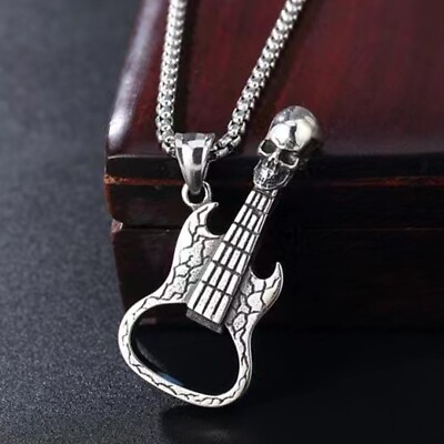 #ad Skull Guitar Pendant Beer Opener Necklace Chain Men#x27;s Punk Rock Jewelry Gift $11.89