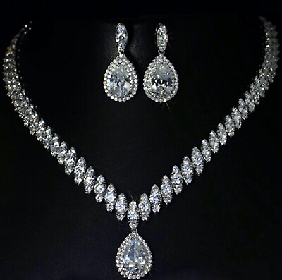 #ad 18k White Gold Plated Necklace Earrings Set made w Swarovski Crystal Bridal $160.55