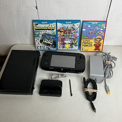 #ad Nintendo Wii U 32GB Console Black W 3 Games Super Smash Bros Super Mario Maker $170.00