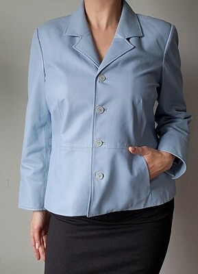 #ad Talbots Woman Petites Baby Blue Genuine Soft Leather Classic Jacket Blazer 6 $80.00