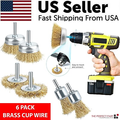 #ad 6PC Wire Wheel Cup Brush Set Coarse Crimped Carbon Steel Shank Drill Attachments $10.95