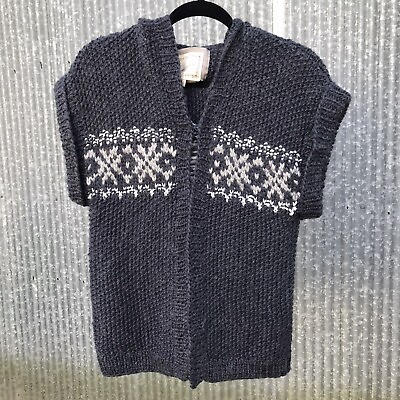 #ad Kenji Hooded Cardigan Sweater Short Sleeve Blue Knit Top Nordic Print Medium $21.00