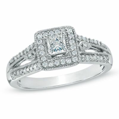 #ad 1 2Ct Princess Cut Real Diamond Vintage Style Wedding Ring 10K White Gold $742.49