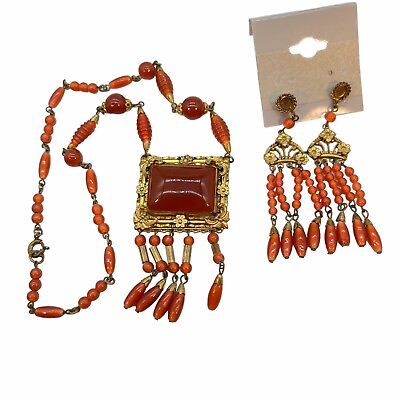 #ad Antique Carnelian Set Pendant Necklace Dangle Earrings Gilded Brass Czechoslov 5 $295.00