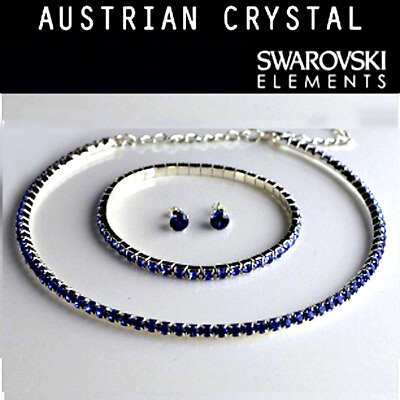 #ad Blue Swarovski Elements Choker tennis bracelet earrings studs Jewelry Set $29.95