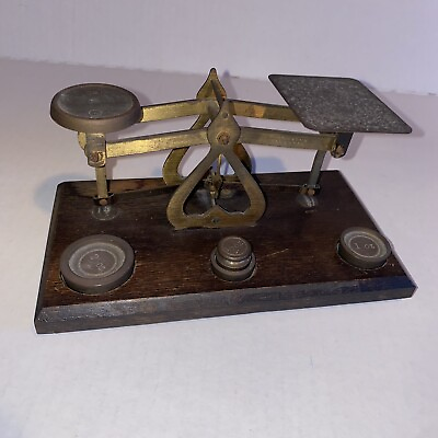 #ad Vintage Antique Metal amp; Wood 7in x 4in Balance Scale with Small Stack of Weights $150.00