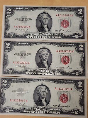 #ad 3 1953 Series $2 United States Note Red Seal Consecutive Serial Numbers $57.39