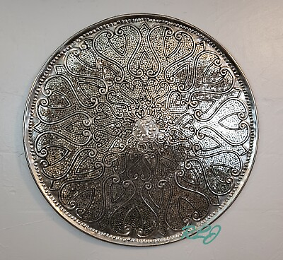 #ad Large Modern Silver Glam Elegant Embossed Round Iron Wall Plate Sculpture Decor $189.95