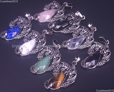 #ad Natural Gemstone Teardrop Nidhogg Dragons Pendant Necklace Beads Tibetan Silver $22.58