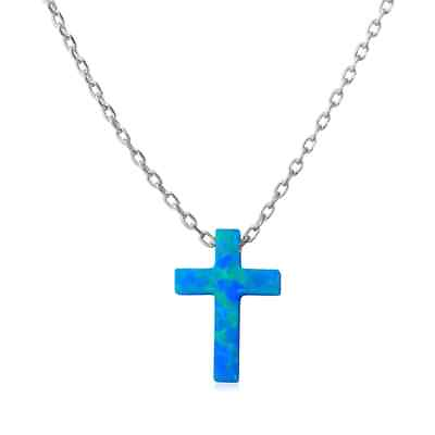 #ad Sterling Silver 925 Rhodium Plated Blue Opal Cross Necklace $28.93