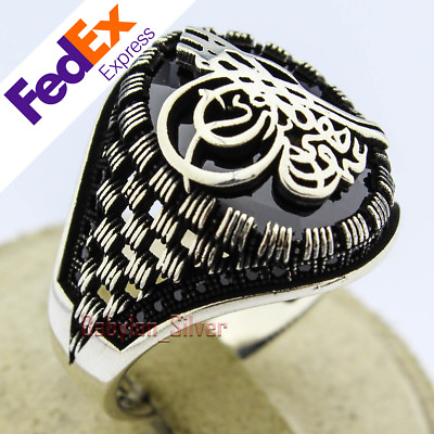 #ad 925 Sterling Silver Faceted Black CZ Stone Turkish Tugra Men#x27;s Ring All Sizes $50.31