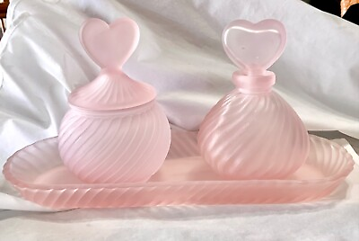 #ad #ad VINTAGE DECO PINK FROSTED SATIN GLASS PERFUME BOTTLES AND TRAY POWDER JAR $25.00