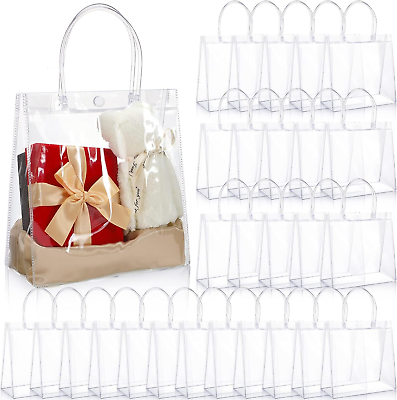 #ad 80Pcs Clear Plastic Gift Bags with Handles Small Transparent PVC Gift Bags Reusa $56.42