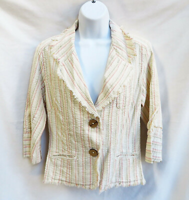 #ad NWT NICK amp; MO Vintage Rags Womens Off White Striped Distressed Blazer Jacket M $19.99