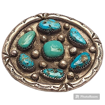 #ad Exquisite VINTAGE NAVAJO OLD Red Mountain TURQUOISE CLUSTER Sterling Silver Pin $285.00