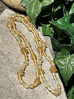 #ad Vintage Yellow Satin Glass Swirl Bead Necklace Jewelry $17.83