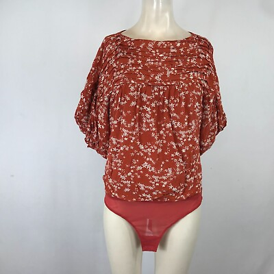 #ad FREE PEOPLE WOMEN#x27;S SMALL REDDISH RUST SHORT POOFY SLEEVES BODY SUIT BLOUSE $15.30