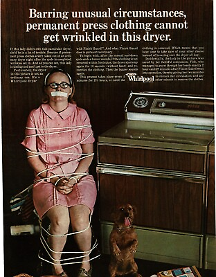 #ad 1969 Whirlpool Clothes dryer Woman tied to chair Dog Vintage Print Ad $8.95