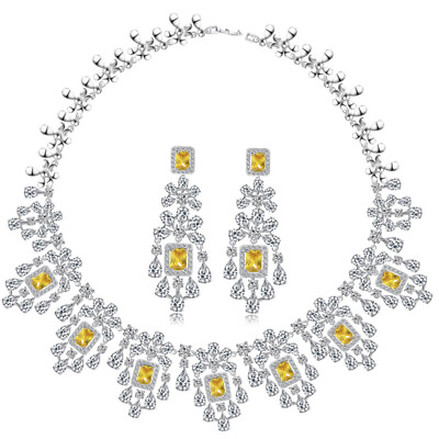 #ad Women Silver Plated Yellow CZ Chandelier Earring and Necklace Bridal Jewelry Set $32.79