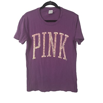 #ad Pink Victoria#x27;s Secret Sequin Logo Top Small Womens Purple Short Sleeve Crew $15.10