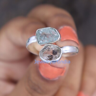 #ad Raw Herkimer Diamond 925 Sterling Gemstone Silver Aquamarine Ring US Size 14.75 $18.95