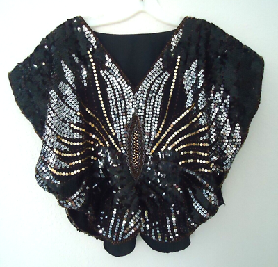 #ad Vintage Women#x27;s Silk Butterfly Sequin Flutter Sleeve Top Disco Fairy Glam Small $38.00