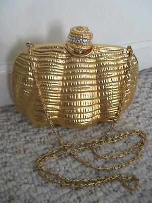 #ad Gold Tone Metallic Shell Clutch Evening Bag Hard Case Chain Strap $189.99