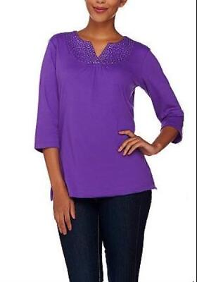 #ad Quacker Factory Size 3X Grape Sparkle Ruched Split V Neck T shirt $22.99