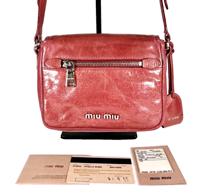 #ad MIU MIU Leather Crossbody Shoulder Bag Purse Vitello Shine Pink Beautiful $199.00