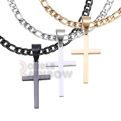#ad #ad P30 Men stainless steel Gold Silver cross pendant 6mm figaro necklace chain Link $12.99