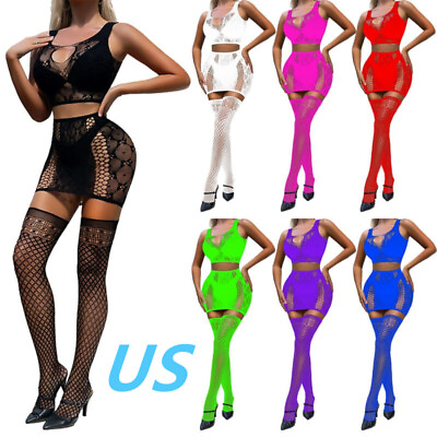 #ad US Women Sexy See Through Lingerie Set Crop Top Miniskirts Stockings Nightwear $7.49