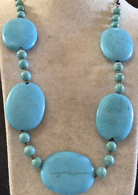 Turquoise Stone Large Beads Necklace Two Strand Leather amp; Sterling Silver 925 $44.99