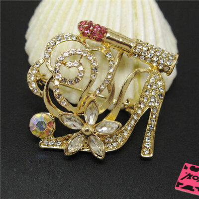 #ad Hot Holiday gifts Pink Lipstick High Heels Crystal Charm Women Brooch Pin Gift $3.86