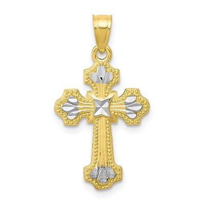 #ad 10k Two Tone Gold Diamond Cut amp; Textured Small 25mm Budded Cross Pendant $95.00