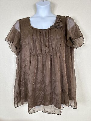 #ad NWOT Perseption Womens Plus Size 3X Brown Frilly Flower Top Short Sleeve $16.10