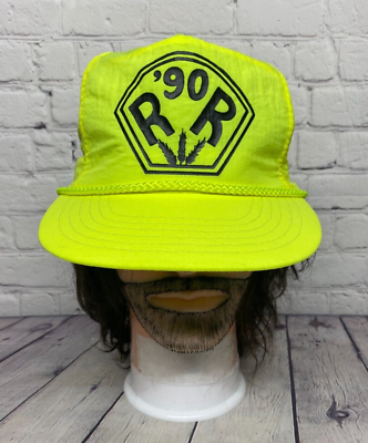 #ad Vintage Farmer Hat Nylon Rope Cap Snapback Neon Yellow #x27;90 R R 90s Adjustable C $22.09