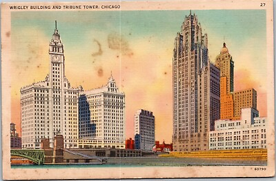 #ad Old Postcard IL Chicago 1937 Wrigley Building and Tribune Tower Linen B11 $3.95
